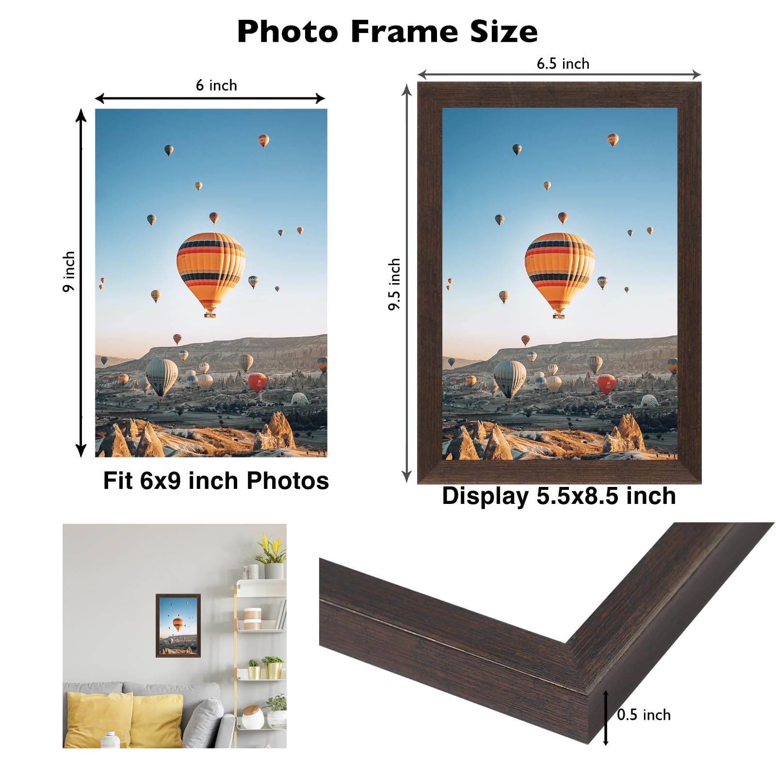 JCJMY 6x9 Picture Frame Dark Brown for Wall Hanging or Tabletop, Wall Mounting Horizontally or Vertically, 6 x 9 Wall Gallery Po